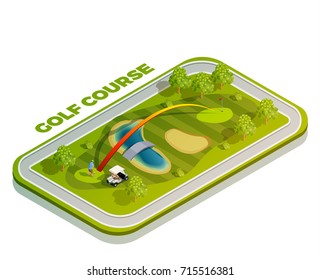 Golf isometric icon composition with rectangular golf course buggy car player and slashing trail with text vector illustration