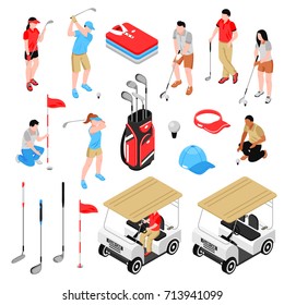 Golf isometric icons set with game symbol isolated vector illustration