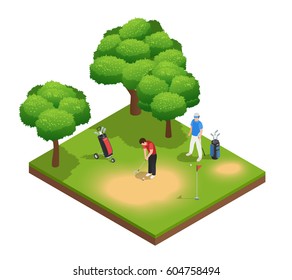 Golf isometric top view composition with two sportsmen playing on golf course bags hole and trees vector illustration