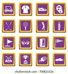 Golf items icons set in purple color isolated vector illustration for web and any design