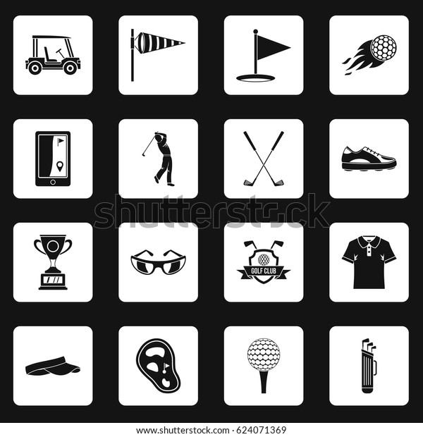 Golf items icons set in white squares\
on black background simple style vector\
illustration