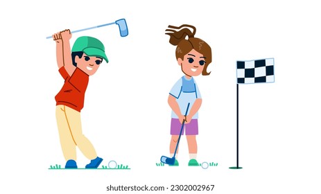 vector de golf. niño deportivo, estilo de vida de actividad, chico de juego, juego de campo, personaje de golf de ocio de bolso. ilustración de dibujos animados planos de personas