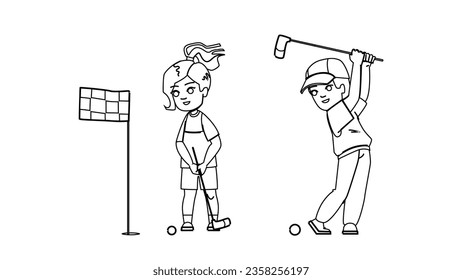 vector de golf. niño deportivo, estilo de vida de actividad, chico de juego, juego de campo, personaje de golf de ocio de bolso. ilustración de línea negra de personas