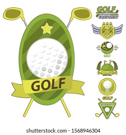 Golf labels, ball and putter, game equipment or sport items isolated icons vector. Hole and flags, field or course, match or tournament emblems or logo. League or club symbols or badges, winning