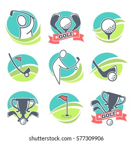 Golf labels collection with equipments and prizes. Vector poster of white special balls, player silhouette on course winning cups in circles on white. Collection of golf game badge logos with motions