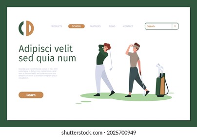 Golf Landing. Luxury Outdoor Sport Game Nature Activity On Grass Garish Vector Golf Players Business Web Page