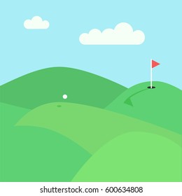 Golf lawn view. Stock vector illustration of green hills and meadows with a flying white ball and red flag in a hole.