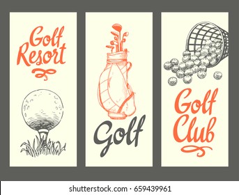 Golf layout banners with ball, backet, bag, clubs, glove. Vector set of hand-drawn sports equipment. Illustration in sketch style on white background. Brush calligraphy elements for your design.