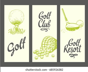 Golf layout banners with ball, bucket, clubs, glove. Vector set of hand-drawn sports equipment. Illustration in sketch style on white background. Brush calligraphy elements for your design.