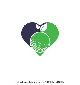 El golf deja la plantilla de logotipo del concepto de forma cardíaca. Baloncesto y hojas de golf, bola de golf y logotipo deportivo	