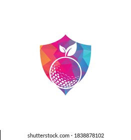 Golf leaves shield shape concept logo template. Golf ball and leaves, golf ball and sport logo	