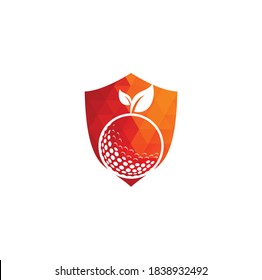 Golf leaves shield shape concept logo template. Golf ball and leaves, golf ball and sport logo	