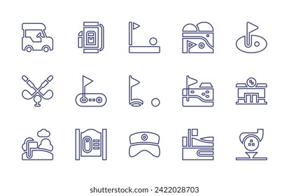 Golf line icon set. Editable stroke. Vector illustration. Containing flag, cart, course, golf, club, cap, golf field, golf bag.