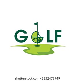 Golf logo with a golf ball, aim sight and flag with a putt hole in the ground. Best to use in sports related projects. printable merchandise vector. 