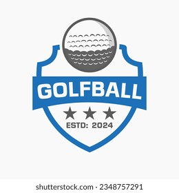 Concepto de logotipo de golf con símbolo Escudo y pelota de golf