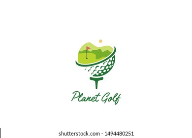 Golf logo design. Planet, golf ball, and landscape design concept. vector illustration