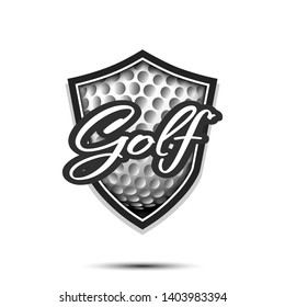 Golf logo design template. Golf emblem pattern. Golf ball and shield with vintage lettering on an isolated background. Print on t-shirt graphics. Vector illustration