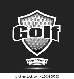 Golf logo design template. Golf emblem pattern. Golf ball and shield with vintage lettering on an isolated background. Print on t-shirt graphics. Vector illustration