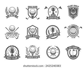 Golf logo. Emblem badges with golf clubs and balls for course emblem, retro country club badges with tee and ball. Vector isolated set of sport golf hobby, flag illustration