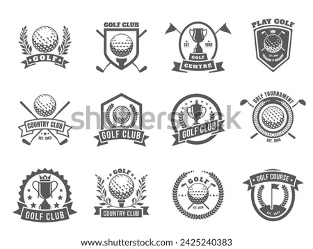 Golf logo. Emblem badges with golf clubs and balls for course emblem, retro country club badges with tee and ball. Vector isolated set of sport golf hobby, flag illustration