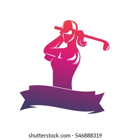 golf logo, emblem template with girl swinging club isolated over white