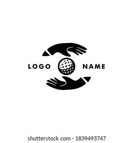 Golf Logo Icon With Golfball In The Middle Hand Silhouette Vector. Illustrate Friendly And Happy Coach & Player Training Activity. For Golf Group & Club Sport And Fun Hobby