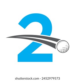 Golf Logo On Letter 2 Concept With Moving Golf ball Symbol. Hockey Sign