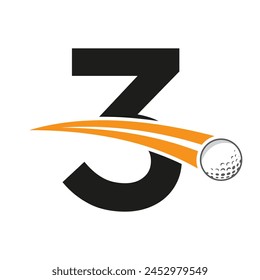 Golf Logo On Letter 3 Concept With Moving Golf ball Symbol. Hockey Sign