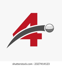 Golf Logo On Letter 4 Concept With Moving Golf Ball Icon. Hockey Sport Logotype Symbol
