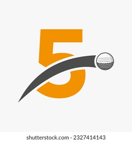 Golf Logo On Letter 5 Concept With Moving Golf Ball Icon. Hockey Sport Logotype Symbol