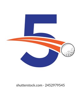 Golf Logo On Letter 5 Concept With Moving Golf ball Symbol. Hockey Sign