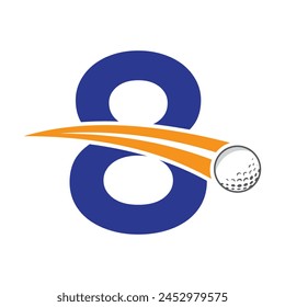 Golf Logo On Letter 8 Concept With Moving Golf ball Symbol. Hockey Sign