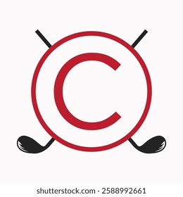 Golf Logo On Letter C Concept With Hockey Stick Symbol For Hockey and Golf Club Identity