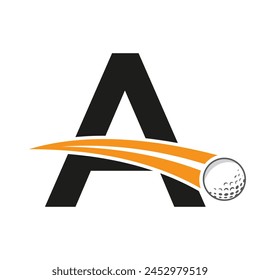 Golf Logo On Letter A Concept With Moving Golf ball Symbol. Hockey Sign