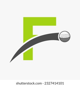 Golf Logo On Letter F Concept With Moving Golf Ball Icon. Hockey Sport Logotype Symbol