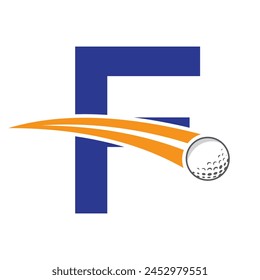 Golf Logo On Letter F Concept With Moving Golf ball Symbol. Hockey Sign