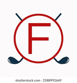 Golf Logo On Letter F Concept With Hockey Stick Symbol For Hockey and Golf Club Identity