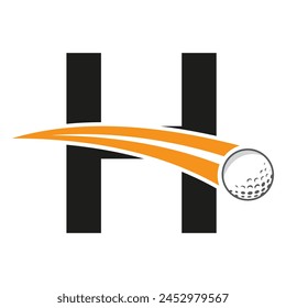 Logo De Golf En La Letra H Concepto Con Símbolo De Pelota De Golf En Movimiento. Signo de hockey