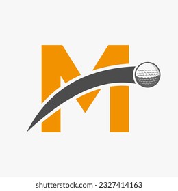 Golf Logo On Letter M Concept With Moving Golf Ball Icon. Hockey Sport Logotype Symbol