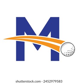 Golf Logo On Letter M Concept With Moving Golf ball Symbol. Hockey Sign