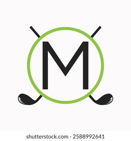 Golf Logo On Letter M Concept With Hockey Stick Symbol For Hockey and Golf Club Identity