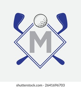 Golf Logo On Letter M Vector Template. Golf Club Symbol, Golf Training Sign
