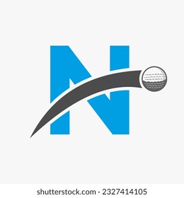 Golf Logo On Letter N Concept With Moving Golf Ball Icon. Hockey Sport Logotype Symbol