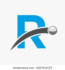 Golf Logo On Letter R Concept With Moving Golf Ball Icon. Hockey Sport Logotype Symbol