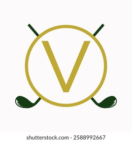 Golf Logo On Letter V Concept With Hockey Stick Symbol For Hockey and Golf Club Identity