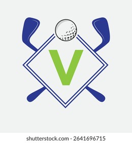 Golf Logo On Letter V Vector Template. Golf Club Symbol, Golf Training Sign