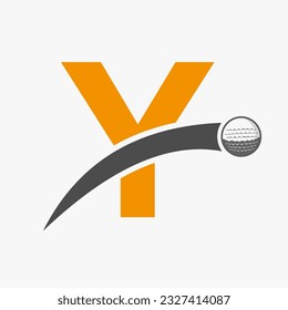 Golf Logo On Letter Y Concept With Moving Golf Ball Icon. Hockey Sport Logotype Symbol