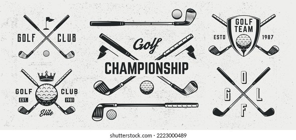 Golf logo set. 4 Golf emblems with Golf clubs and balls icons. Print for t-shirt, typography. Emblem, poster templates. Vector illustration