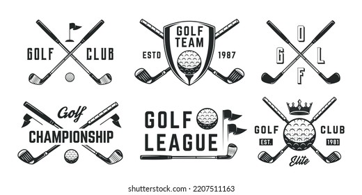 Golf logo set. 6 golf emblems with golf club, ball, crown and flag icons. Hipster Design. Emblem, poster templates. Vector illustration