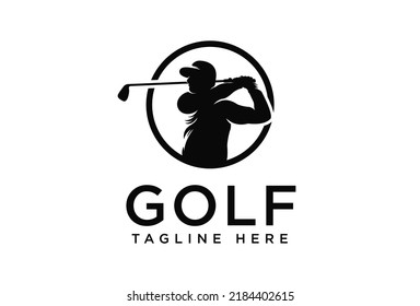 golf logo with silhouette of person swinging golf stick.